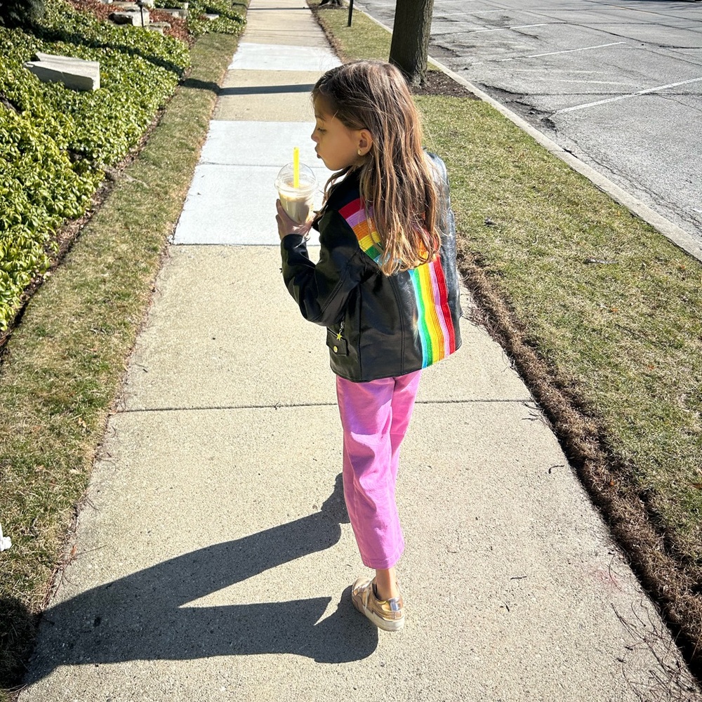 Lola + the Boys Black Faux Leather Jacket with Rainbow Back Stripe